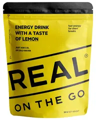 Real On the Go Energidrikk Lemon Tilsett vann, rist og drikk fra posen